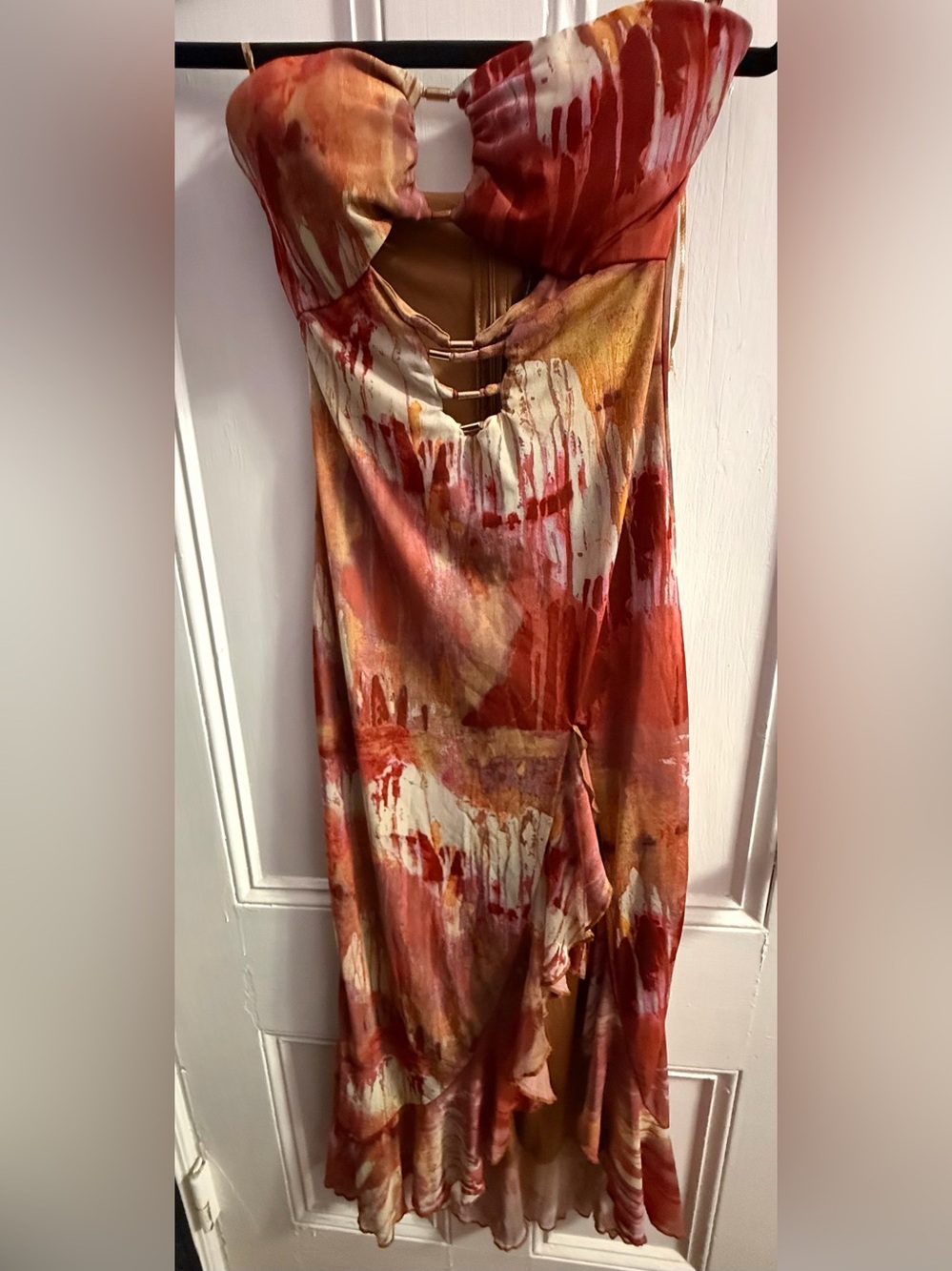 Fashion Nova Strapless Abstract Rust & Cream Midi Dress